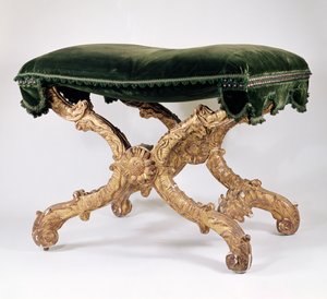 French Regency (1700-1720) X-Frame Stool, of Giltwood with Upholstered Seat, Leaves and Flame Motif, Sunflower at Intersection