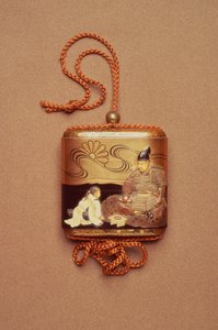 Inro showing a servant kneeling before a Samurai, signed by Jitokusai Gyokuzan by Unbekannt Unbekannt
