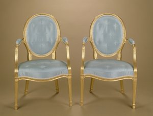 Pair of Adam oval-backed gilt carver chairs, blue upholstered, c.1780 by Unbekannt Unbekannt