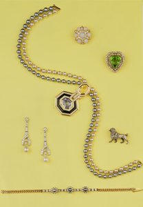 Selection of jewellery: Art Deco style cultured pearl necklace with yellow and blue sapphires; diamond and pearl pendant earrings; opal and rose diamond cluster star brooch; rose diamond poodle brooch by Unbekannt Unbekannt