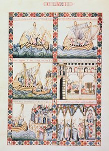 A Journey to Acre, illustrations to Cantiga 172, one of 420 musical compositions narrating the miracles of the Virgin, written in Galician for Alfonso X 