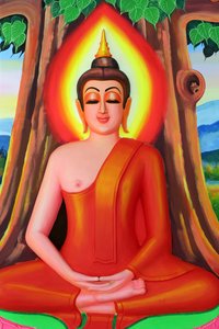 Wat Si Muang Buddhist Temple: Painting Depicting the Life Story of Shakyamuni Buddha - Buddha Sitting in the Meditation Pose Under the Bodhi Tree, Vientiane, Laos