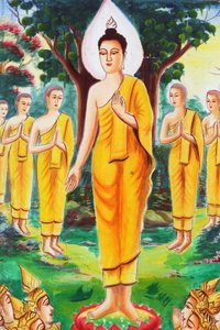 Painting Depicting the Life Story of Shakyamuni Buddha. The Buddha Devoted Himself to Teaching, Attracting Hundreds of Followers, Vang Vieng, Laos, 2015