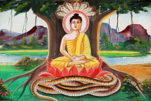 Painting Depicting the Life Story of Shakyamuni Buddha. Buddha Sitting in the Meditation Pose Under the Bodhi Tree, Vang Vieng, Laos, 2015 by Unbekannt