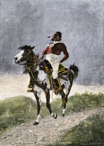 A brave Comanche, traveling on horseback in the southern prairies (Texas, Oklahoma, USA), around 1800. Lithograph by Unbekannter Künstler