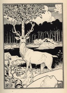 A cherry tree on the head of a deer touched by the stones of cherries spears by the Baron de Munchausen. Illustration by William Strang and JB Clark from 