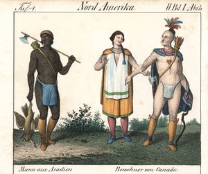 Acadian man with tattooed body and a couple of native Canadian Indians. Lithography for the book: “Galerie complete en tableaux fideles des peuples d