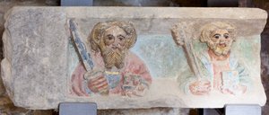 Altarpiece. polychrome stone. Second half 14th century. Origin former parish church of Torre de Rialb. (detail) Lower register. Left panel. The evangelists Paul Peter. by Unbekannt