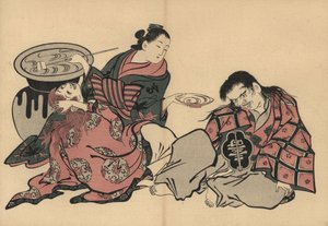 An oiran courtesan playing two shojo with sake from a huge vase. Woodblock print by Masanobu Okumura (1686-1764) from Fuzoku Emakimono, Picture Scroll of the Water Trade, Tokyo, reprint circa 1880. by Unbekannter Künstler