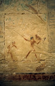 Ancient Egypt: Saqqarah: necropolis of the Old Empire, tomb of noble. Detail of the reliefs depicting a fishing scene