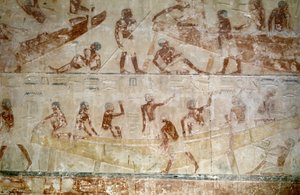 Ancient Egypt: Saqqarah: necropolis of the Old Empire, tomb of noble. Detail of the reliefs representing the construction of a boat by Leopold Blonder