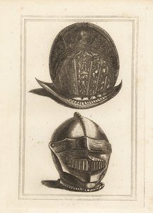 Ancient Venetian Morion Helmet Ornamented with Military Trophies, and a Burgonet Helmet with Unified Visor and Bever from the Tower of London by Unbekannt