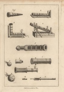 Ancient guns from Valturinns, Uffano 1-7, fanciful elbow-piece mortar 3, bombard 8, bombs 9,10, and perrier stone-thrower chambers 11,12
