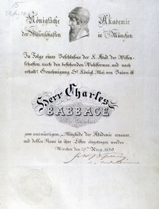 Babbage Honorary Diploma Awarded to Charles Babbage by Unbekannt