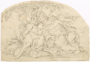 Bearded Man Lying Under Tree and Angel by Unbekannter Künstler