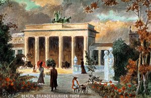 Berlin - Brandenburg Gate. View of the Brandenburg Gate, with flowers and passers-by, end of 19th/20th century