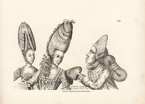 Caricature of fashions of the late 18th century: women in tall wigs with garden of flowers in her bosom, and macaroni in a tall wig with extravagant mass of hair tied at the back. Copperplate engraving after a satirical illustration by Timothy Bobbin (John by Unbekannter Künstler
