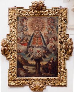 Collegiate Church. Interior. Painting. (Nuestra Señora de la Esperanza). Text in a medallion: “RETRA TOD LA MIL CROSA Imajen DNUESTRA S DL Esperanza A Parecida A Fernando de ZILLLa Faño iezi rodela Villa Riue mde el Tajo ter mi?to esta villa”. Signed ? and by Unbekannt