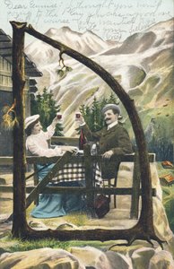 A man and a woman sitting at a table in front of a mountain chalet, toasting with a glass of wine - Alphabet characters Ref Th. E., L. Theochrom - Series 994. Theodor Eisman, publisher, Leipzig