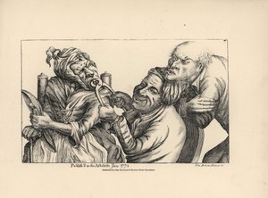 Dentist laughing as he uses pincers to pull a bad tooth from the mouth of an old woman. Copperplate engraving after a satirical illustration by Timothy Bobbin (John Collier) from Human Passions Delineated, John Haywood, Manchester