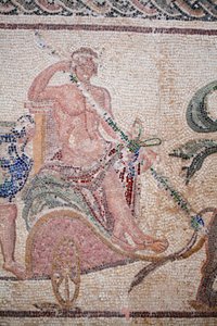 The Triumph of Dionysos - Return of the god from a military expedition to India - Dionysos seated on a chariot drawn by two panthers - Paphos mosaics, House of Dionysos, End of the 2nd Century AD - Cyprus - (detail) by William M. Timlin
