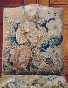 (Detail) Cover Worked by Jane Allgood, Outsize Flowers Rendered in Long and Short Stitch in Crewels and Silk Chenille, Old Gold Background in Tent Stitch