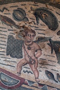 Detail of the fishing Putti mosaic. Net fishery. 3rd - 4th century. Roman Villa of the Casale, Sicily. UNESCO site.