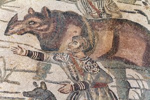 Detail of the great hunt mosaic. A rhinoceros is being led onto a boat to be transported to the nearest port. 3rd - 4th century. Roman Villa of the Casale, Sicily. UNESCO site. by William M. Timlin