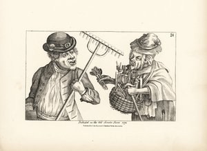 Drunken farmer Jones buying the entire stock of wooden tools from old squinty-eyed Nan. Copperplate engraving after a satirical illustration by Timothy Bobbin (John Collier) from Human Passions Delineated, John Haywood, Manchester by Unbekannter Künstler