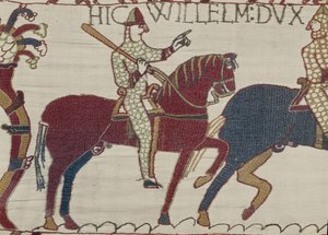 Duke William exhorts his troops to prepare themselves for the battle against the English army, Bayeux Tapestry (wool embroidery on linen) by Unbekannt