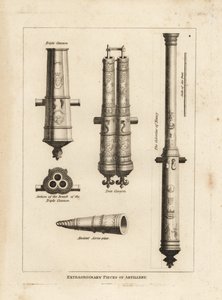 Extraordinary pieces of artillery: view and section of the culverine of Nancy, a triple cannon, a twin cannon and an ancient screwpiece by Unbekannt