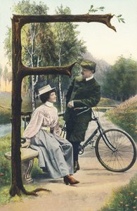 F: A Man in Cyclist Outfit Leaning on His Bicycle Talking to a Woman Sitting on a Bench. Countryside Setting - Alphabet Characters Ref Th. E., L. Theochrom - Series 994. Theodor Eisman, publisher, Leipzig