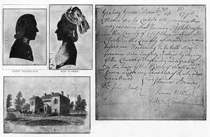 Facsimile of a Gretna Green Marriage Certificate with portraits of the couple, James Pilkington and Ann Clarke, married on December 16