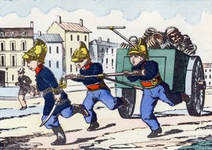 Firefighters. Engraving in "Alphabet militaire enfantin". Imagery of Pont-a-Mousson, circa 1890 by Unbekannt