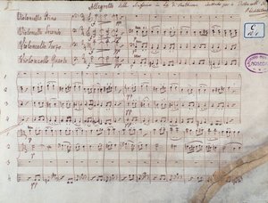 First Page of the Score for Four Cellos of Symphony No. 7 in A Major, Op. 92, by Ludwig van Beethoven by Unbekannter Künstler