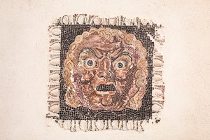 Floor mosaic depicting a Dionysus mask, from a Roman villa near Via Ruffinella in Rome, National Museum of Rome, Rome, Italy