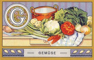 G: Vegetables - Alphabet Palmin. Series of chromolithographs published by H. Schlinck & Co, Hamburg. Advertisement for Palmin finest coconut fat. Dimensions: 7 x 11 cm