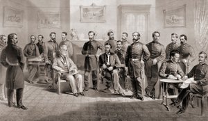 General Ulysses S. Grant (seated centre right) and General Robert E. Lee (seated centre left) with their respective staff at the Appomattox Courthouse, Virginia where General Lee surrendered the Army of North Virginia and thus ended the American Civil War by Unbekannt