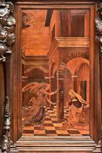 Genoa, Duomo (St Lawrence Cathedral), inside, presbitery, apse, choir, South side: "Annunciation", wood intarsia by Gian Michele De