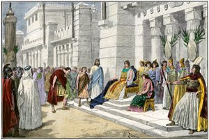 Dido, founder and first queen of Carthage, receives Aeneas, the hero of the Trojan War (Hand-colored engraving of the 19th century) by Unbekannter Künstler