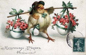 Greeting Card for Easter: a chick carrying eggs filled with roses