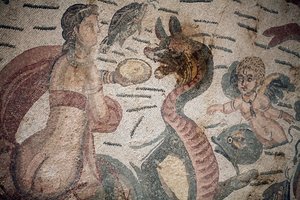 Hall of Arion. Marine scene. Marine creatures. Nereides and tritons. 3rd - 4th century. Roman Villa of the Casale, Sicily. UNESCO site. by William M. Timlin