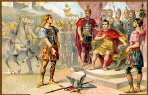 History. Ancient Rome. Vercingetorix surrenders to Julius Caesar in Alesia, 52 BC. Imagery, France, c.1900. by Unbekannter Künstler