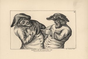 Hodge and Roaf accuse each other of leaving a pot of piss in place of a jug of ale. Copperplate engraving by Thomas Sanders after a satirical illustration by Timothy Bobbin (John Collier) from Human Passions Delineated, John Haywood, Manchester by Unbekannter Künstler