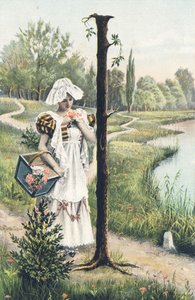 I: A Woman Standing in a Dress, Apron, and Bonnet Holding a Basket on Her Right Arm. Countryside Setting - Alphabet Characters Ref Th. E., L. Theochrom - Series 994. Theodor Eisman, publisher, Leipzig by Unbekannt