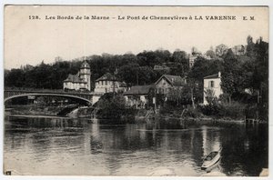Ile de France, Val de Marne, La Varenne: the banks of the Marne and the bridge of Chennevieres, with the chateau des Rets - Postcard dated 1910-1919