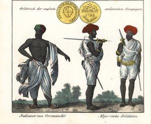 Indian costumes: a man from Coromandel coast and two soldiers from Mysore (or Maissour). With a gold coin from the East India Company. Lithography for the book: “Galerie complete en tableaux fideles des peuples d