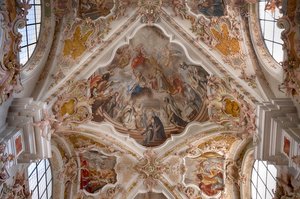Interior photograph of ceiling frescoes, ceiling painting, monastery basilica, monastery church, Augustinian canons