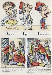 Letter D, E and F: dancer, grocer and infantry. Alphabet of the Eastern Tale. Imaging of Epinal, circa 1890 by Unbekannt