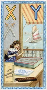 Letter X: xylophonist and Y: yatagan, yacht. Engraving of the Alphabet edited by Chocolat Suchard, beginning of the 20th century by Unbekannt